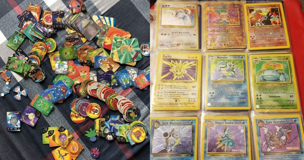 stack of tazos and pokemon card