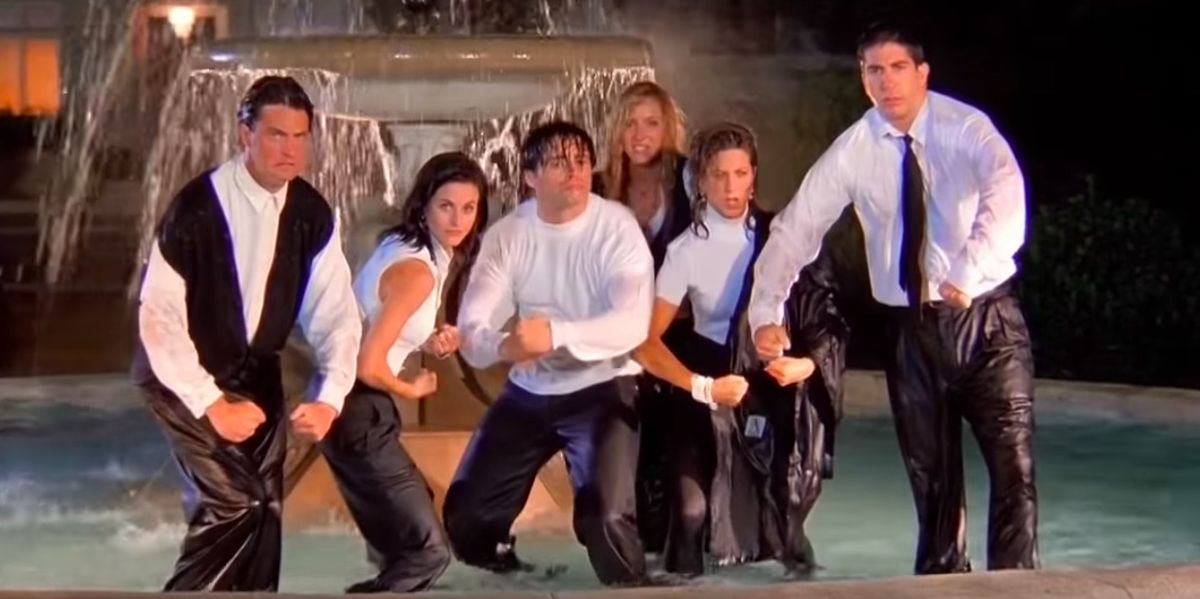 friends cast all drenched in water while shooting theme song