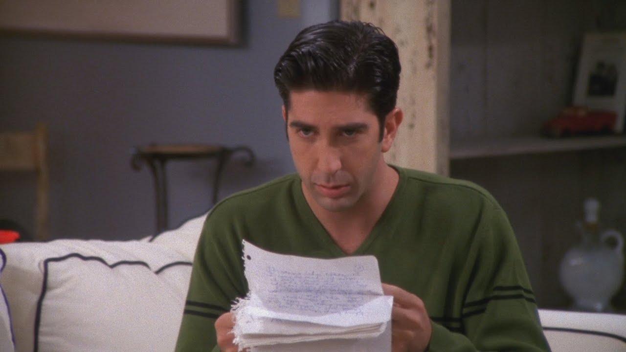 ross reading the 18 page letter written front and back by rachel