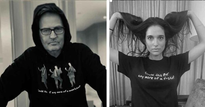 matthew perry and molly hurwitz promoting a tshirt for who