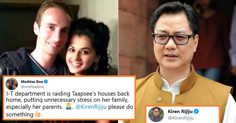 Kiren Rijiju Gives Befitting Reply To Taapsee’s Boyfriend After He Asks For Help After IT Raids