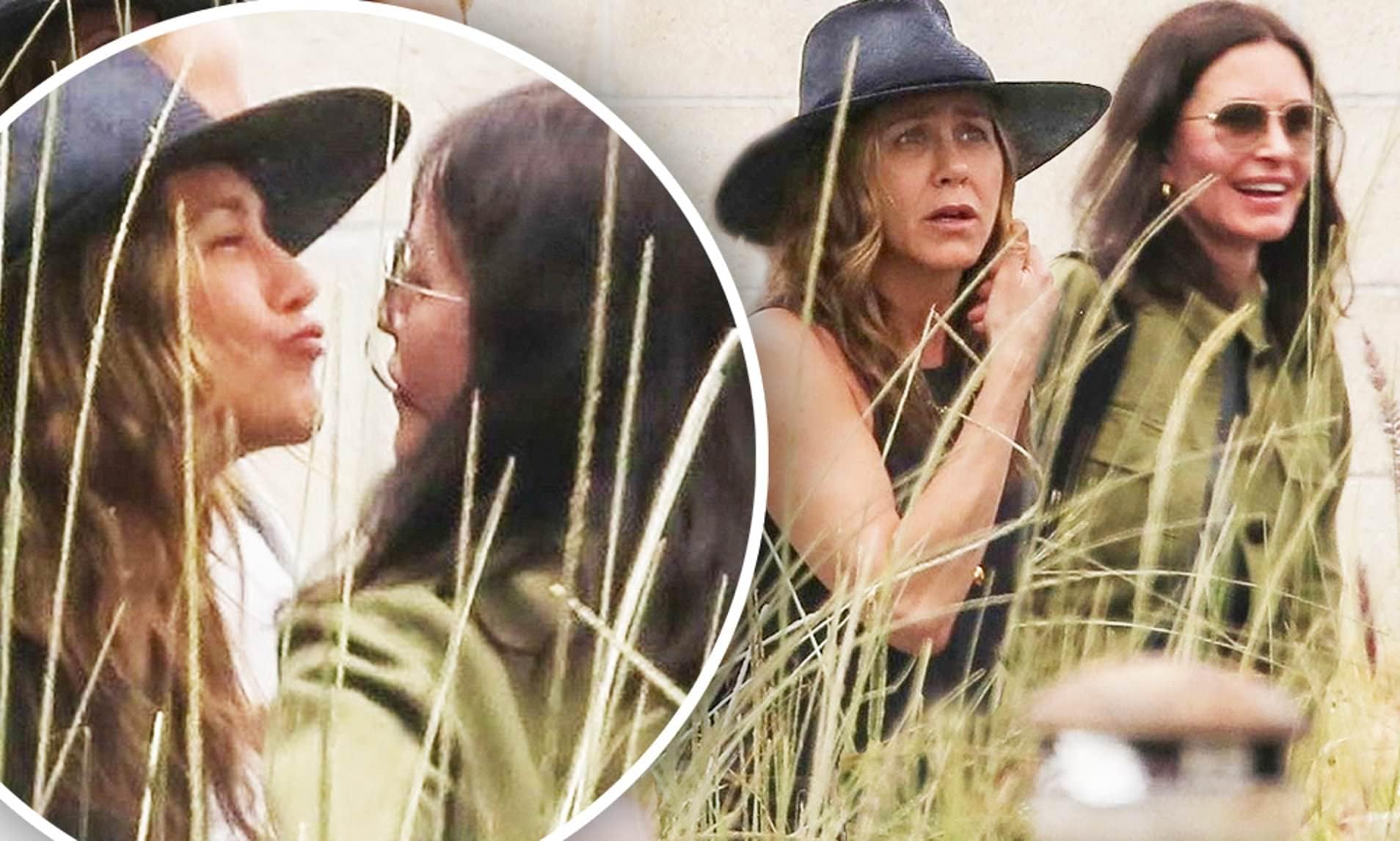 jennifer aniston and courteney cox kissing each other outdoors to greet