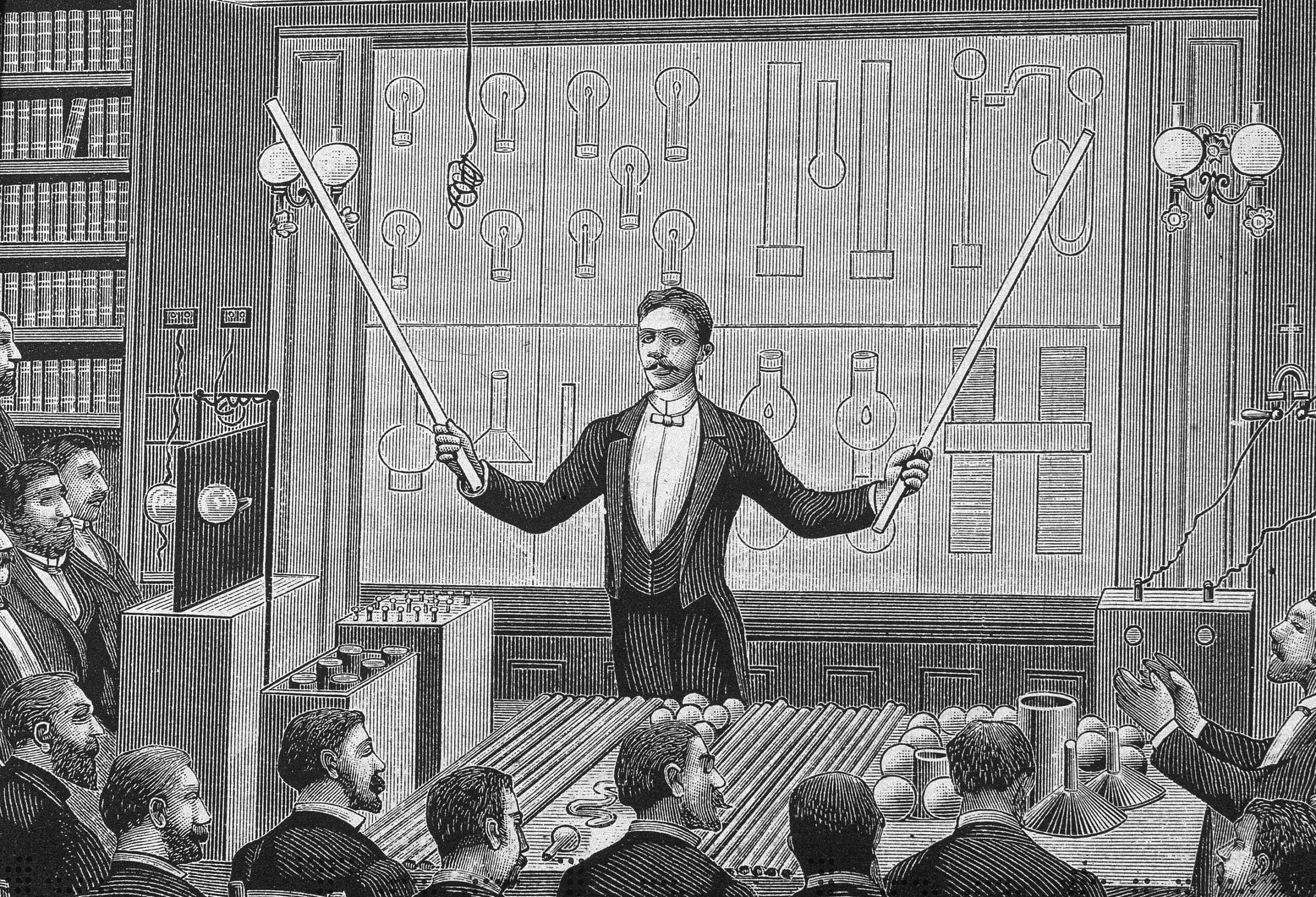 Illustration of Tesla Lecturing about AC Electrical System