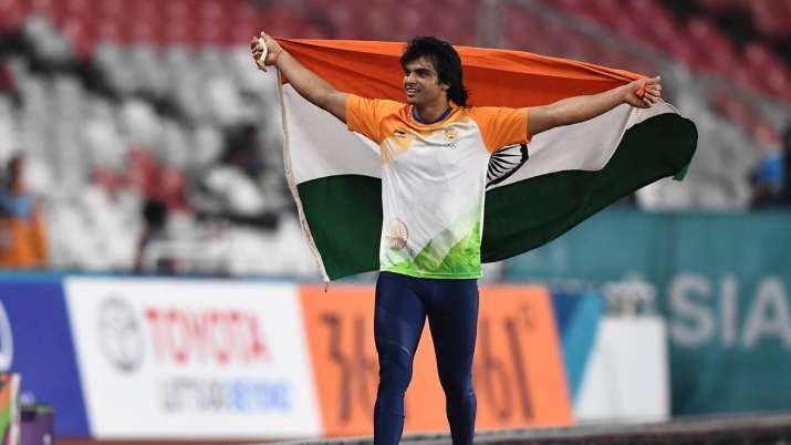 Neeraj Chopra In Tokyp Olympics 2020 waving Indian flag