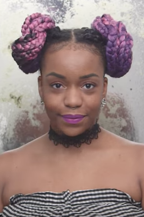 space buns hairstyle in purple color
