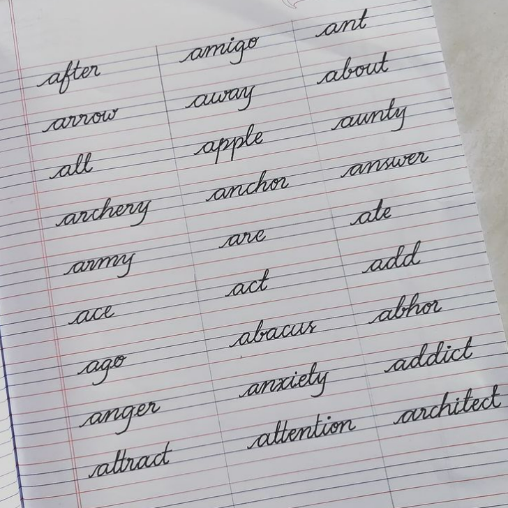"A" Letter Words In Cursive Handwriting