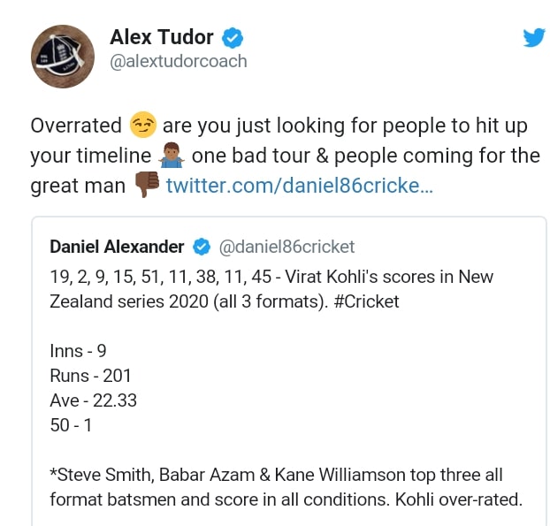 alex tudor tweet defending Virat Kohli