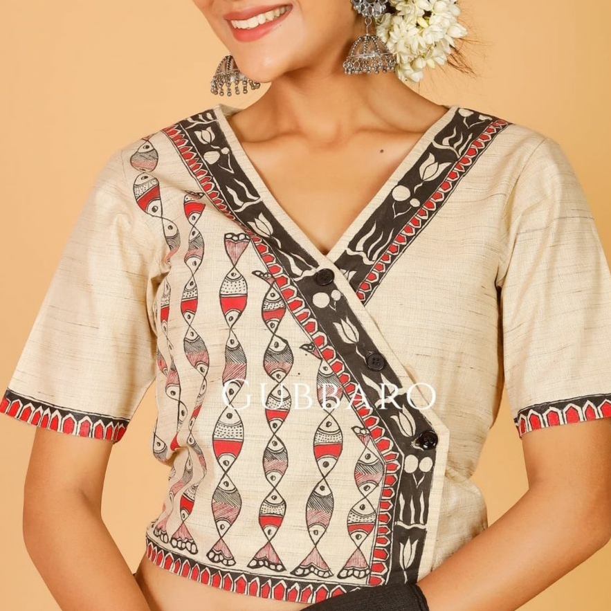 Ethnic cotton wrap blouse with fish motifs