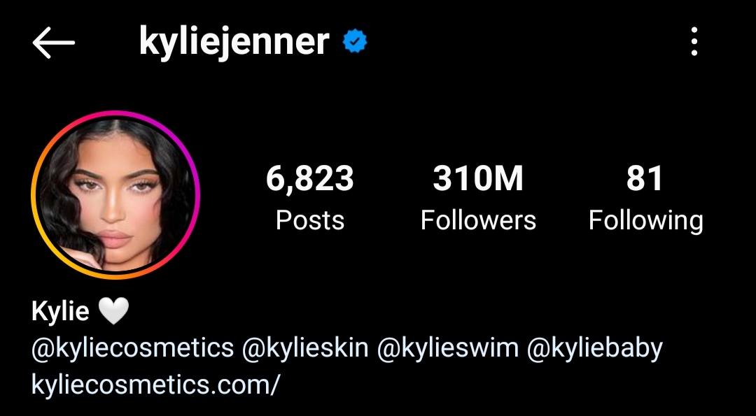 kylie jenner instagram total followers count screenshot