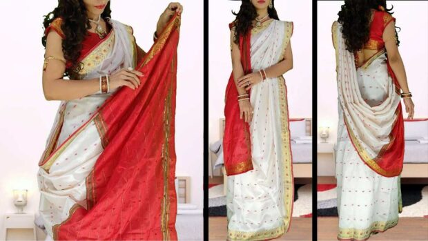 Step-by-step guide on how to wear sarees in the traditional Nivi style, how to wear sarees, how to drape a saree, how to wear saree in different style, how to look slim in saree, how to wear a lehenga style saree. Gujarati Style Saree Drape, Mews, Mearing a Bengali Style Saree