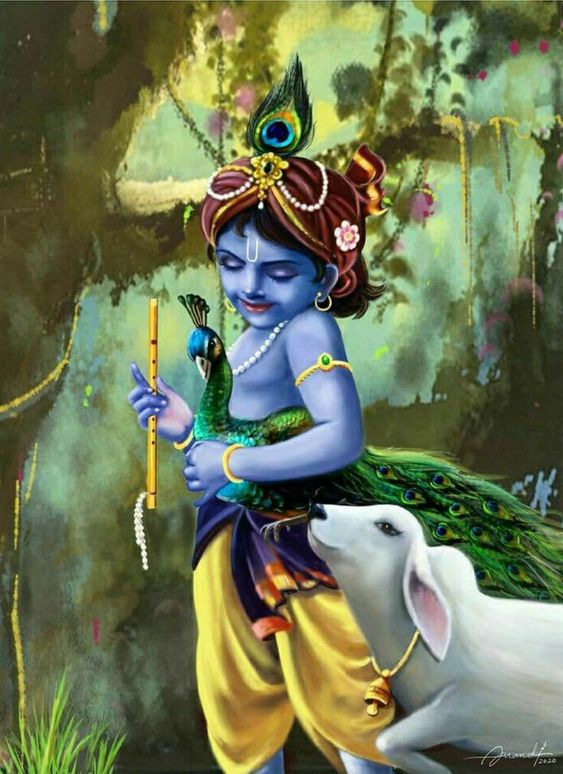 Lord Krishna with Peacock and Cow