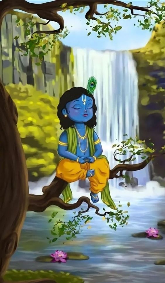 Little Krishna sitting on a branch of tree