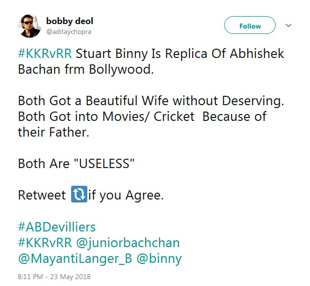 Abhishek Bachchan Gave A Smart Reply To A Troll Who Called Him And Stuart Binny ‘Useless’.