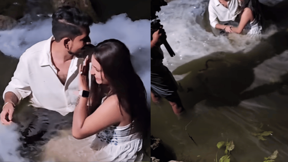 Girl reaction goes viral after a snake takes wild card entry in Pre-wedding shoot