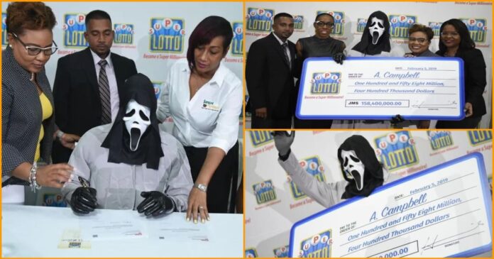 Lottery winner covers face with mask while collecting money to hide from relatives